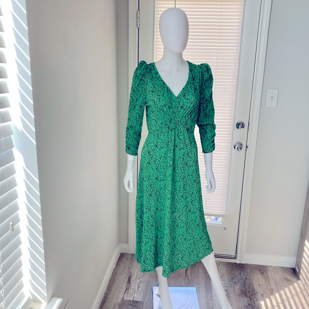 New Mango Green Floral Medium Dress Ruffle Sleeves SZ - 6